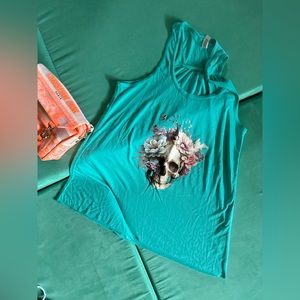 Floral Skull Flowy Tank - teal